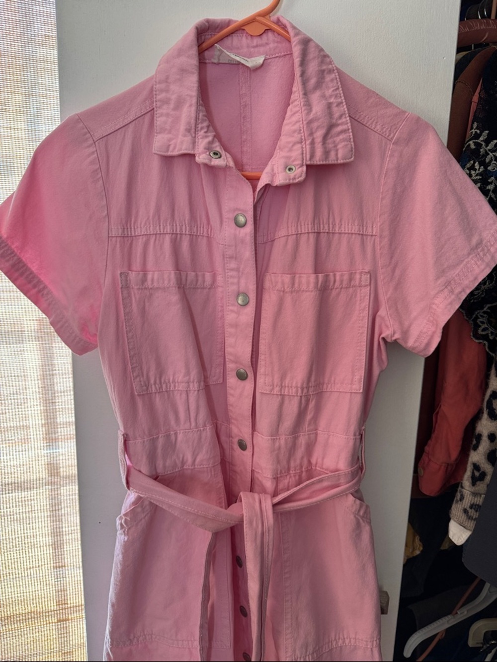 Light Pink Snap-front Utility Dress with Tie Waist